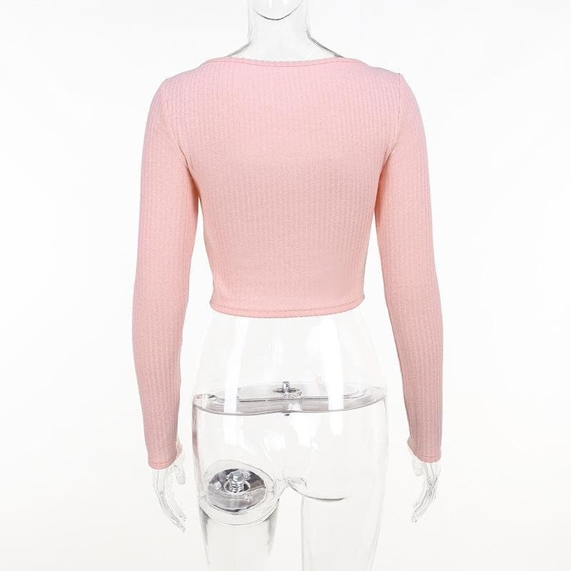 Long sleeve knitted hollow out ribbed cross front crop top