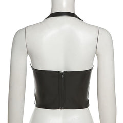 Halter PU leather buckle zip-up stitch solid top