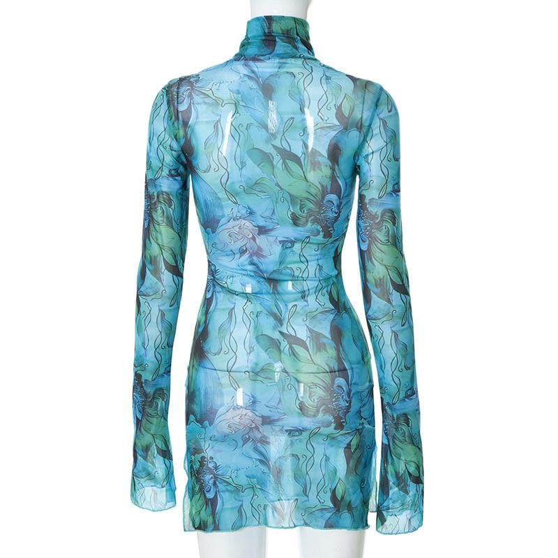 Sheer mesh see through print high neck slit long sleeve mini dress  | samba dress