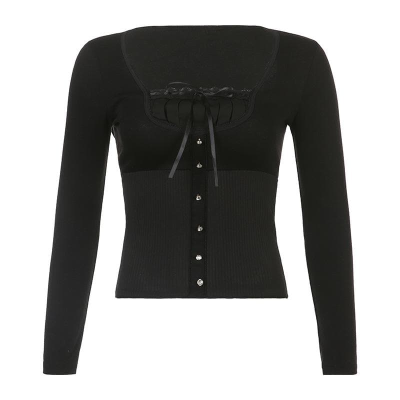 Solid long sleeve lace hem button self tie top