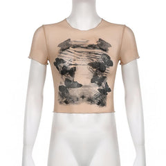 Butterfly pattern sheer mesh see through short sleeve crop top
