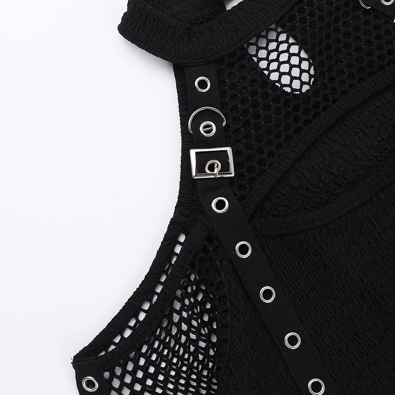 Off shoulder long sleeve fishnet patchwork buckle top