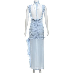 Ruched v neck backless ruffle 2 piece maxi dress