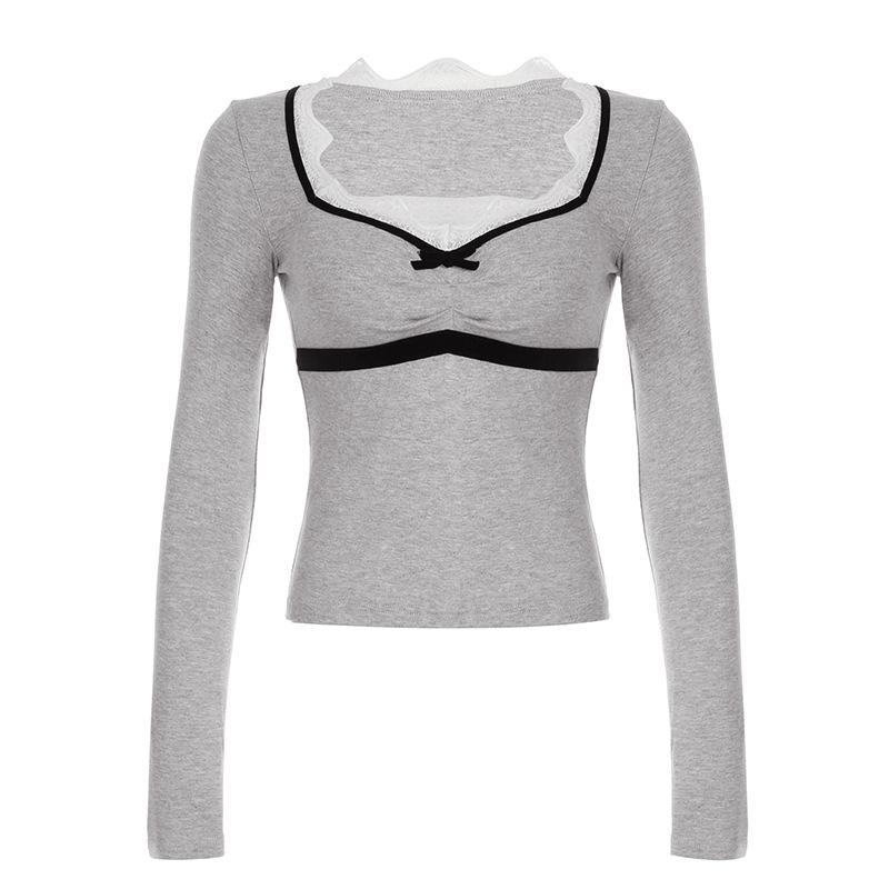 Long sleeve lace hem bowknot top