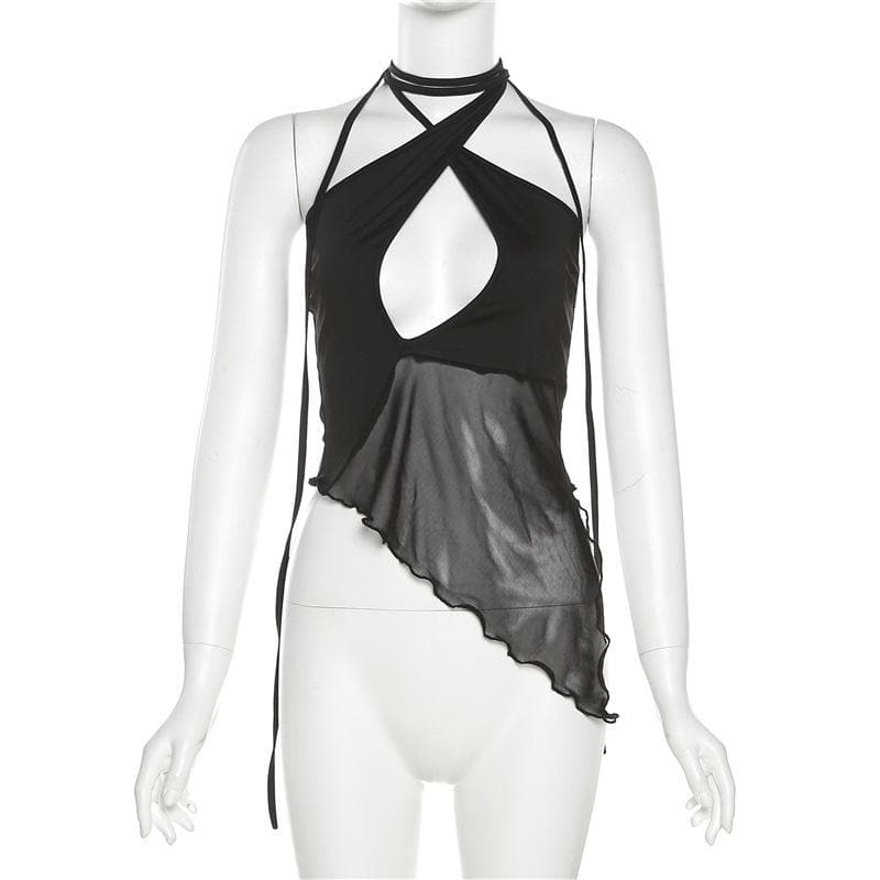 Halter mesh ruffle irregular backless top