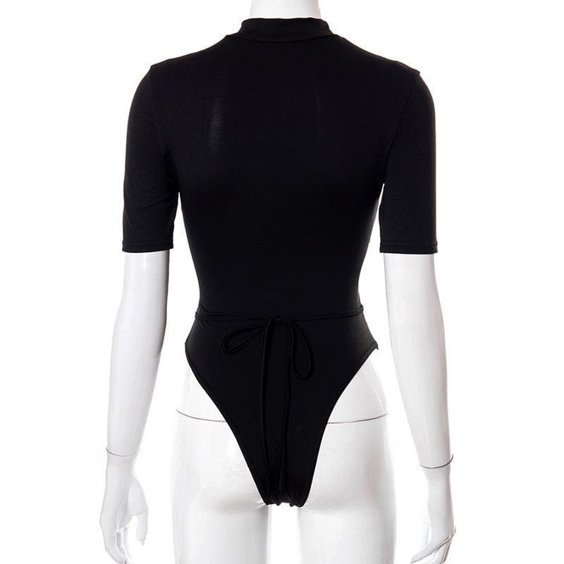 Short sleeve high neck ruched lace up hollow out bodysuit