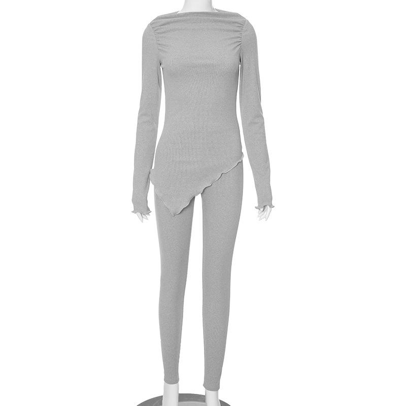 Long sleeve irregular ruched solid pant set