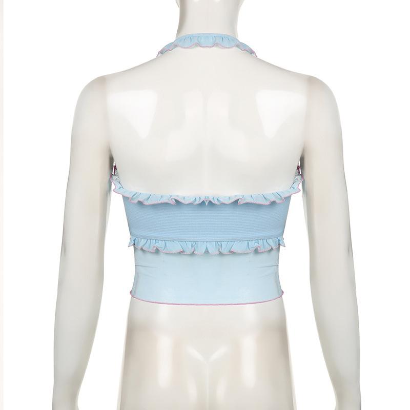 Halter rose applique ruffle ribbed crop top