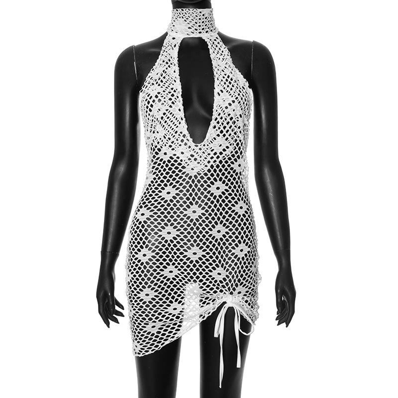 Halter knitted fishnet see through irregular mini dress