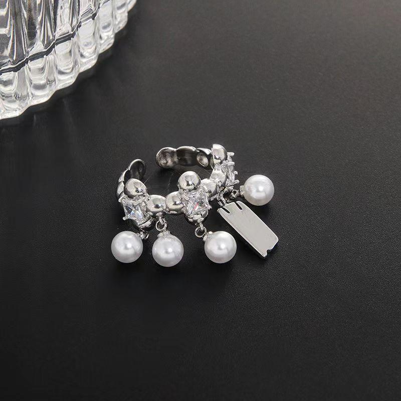 Faux pearl silver adjustable rhinestone ring