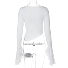 Long flared sleeve crewneck irregular solid top