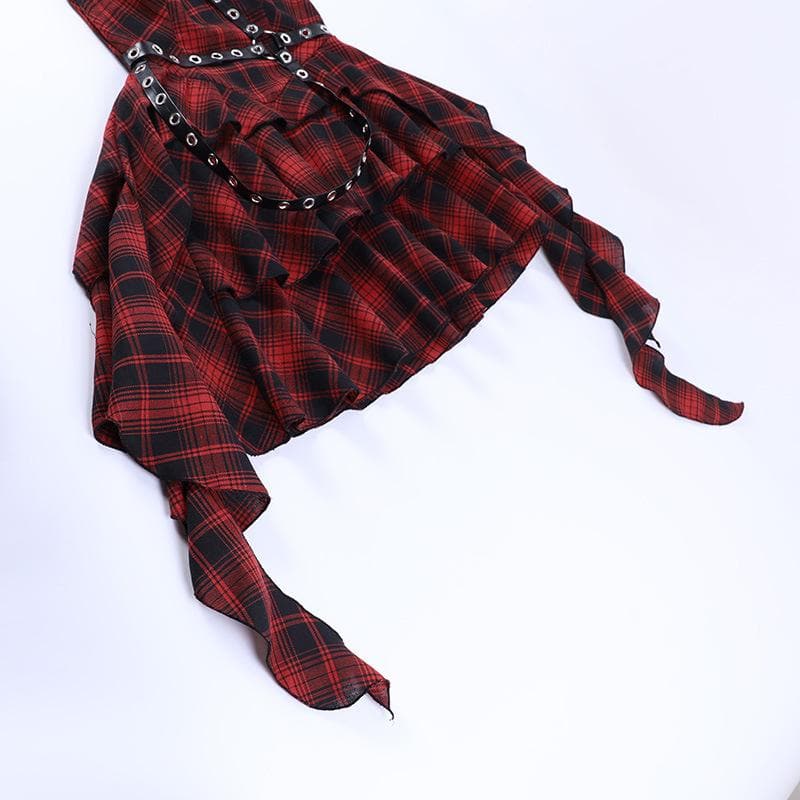 Ruffle plaid zip-up irregular one shoulder backless mini dress  | red tango dress