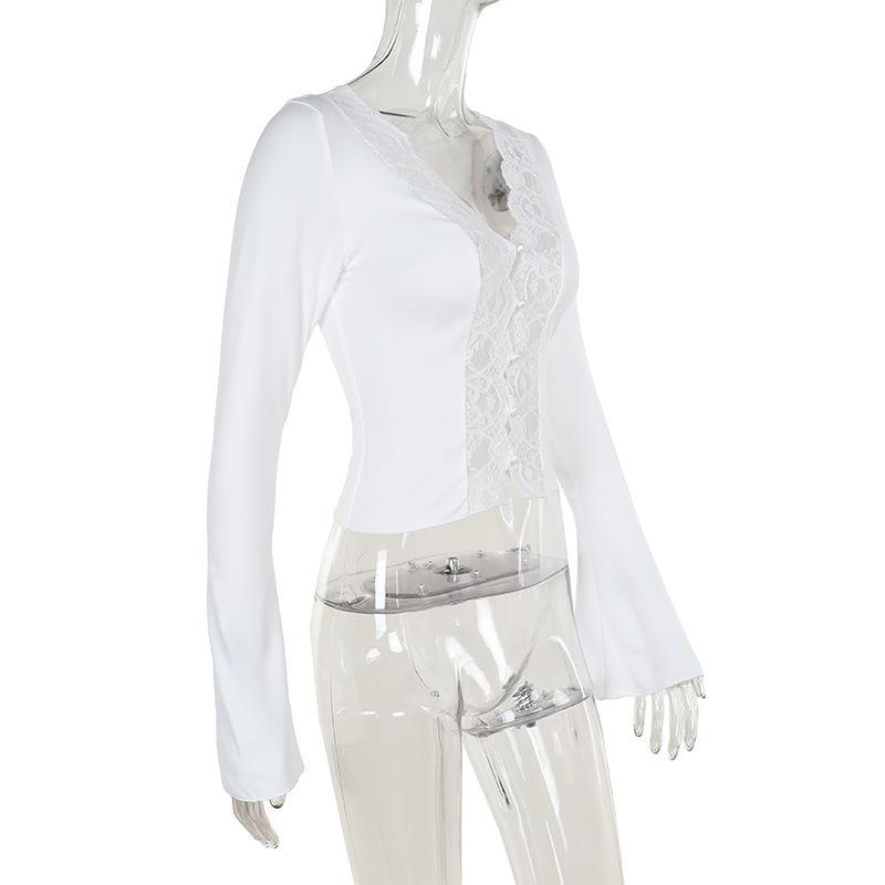 Long sleeve v neck lace hem button top
