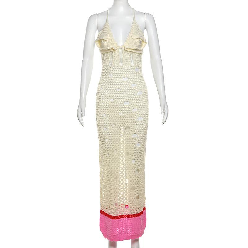 V neck knitted hollow out lace up maxi dress