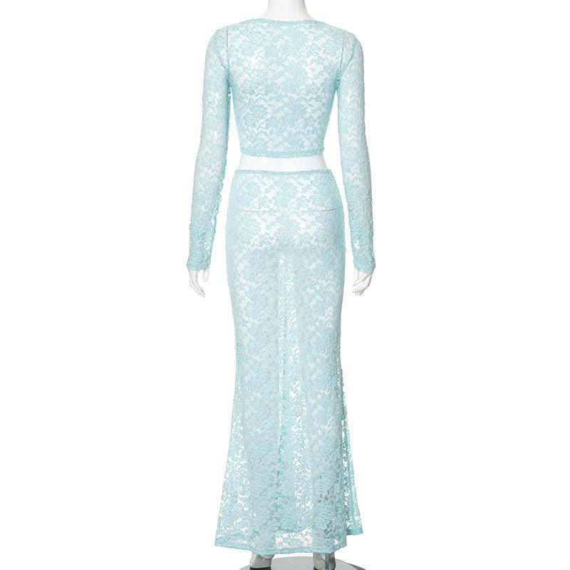 Long sleeve lace see through crop maxi skirt set