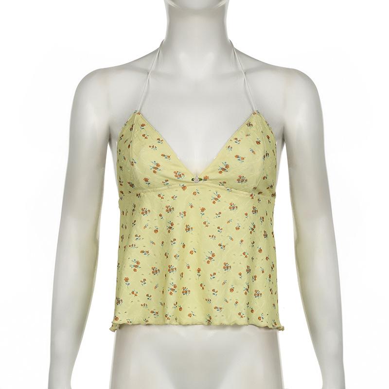 Halter v neck flower print backless textured top