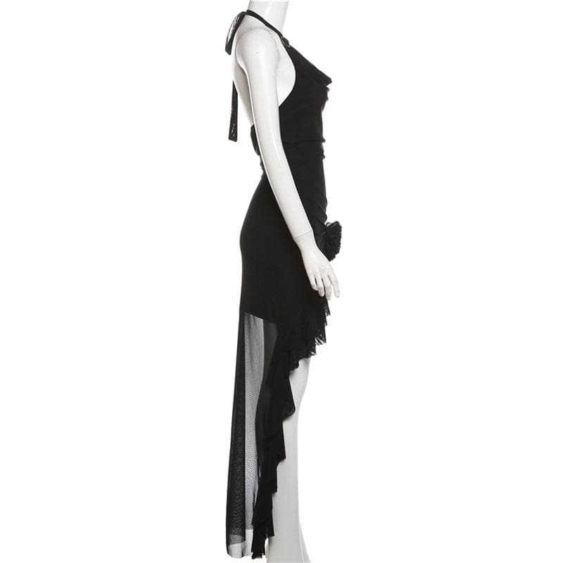 Halter cowl neck flower applique ruffle maxi dress  | red tango dress