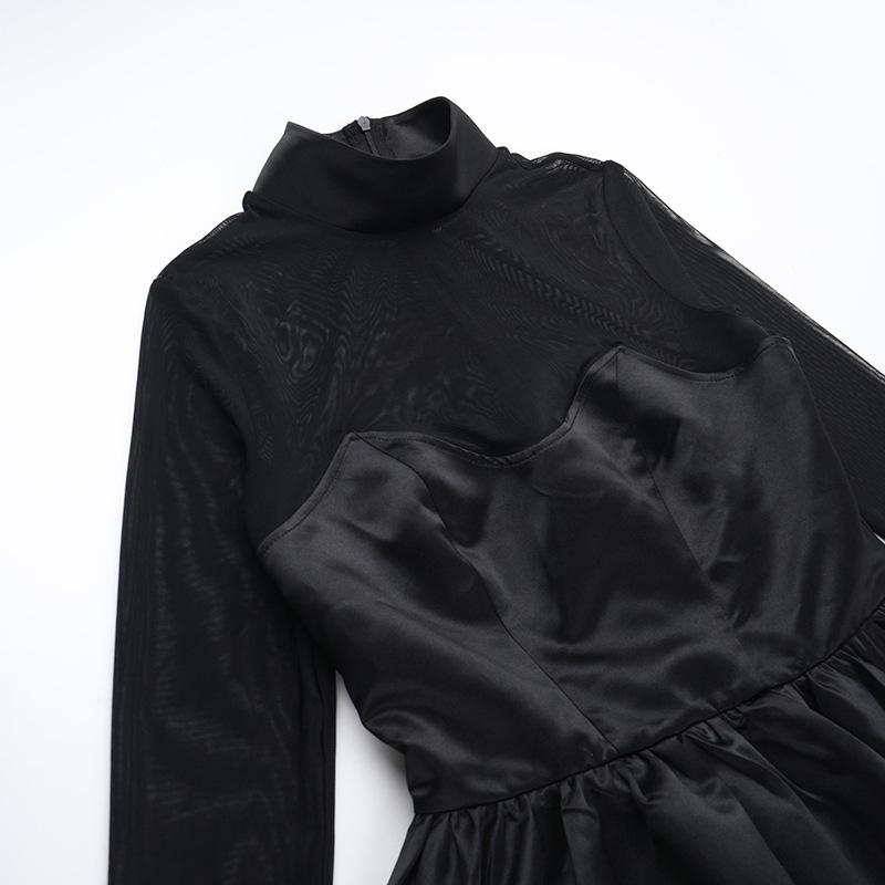 Long sleeve high neck zip-up mesh patchwork mini dress