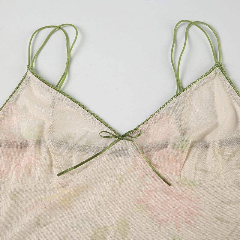 V neck flower print bowknot mesh cami top