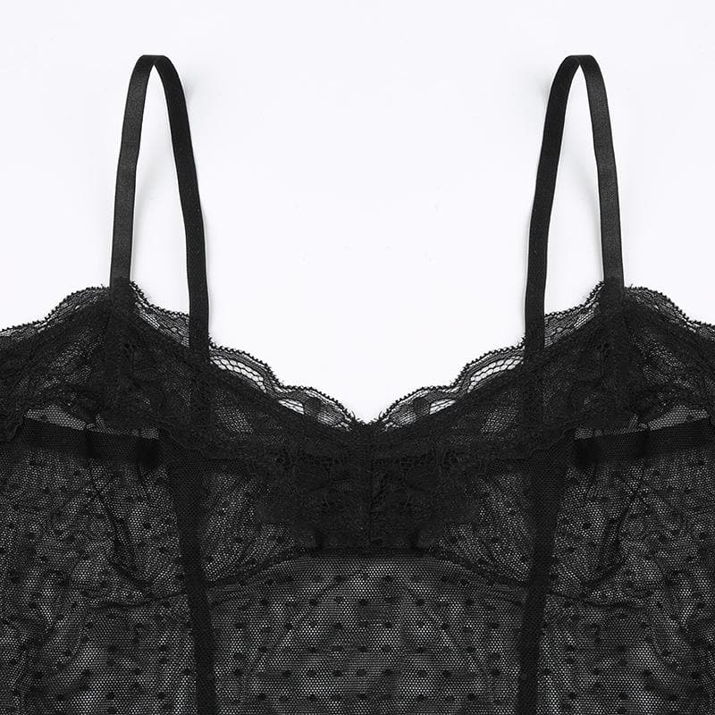 Mesh stitch see through lace hem polka dot cami top