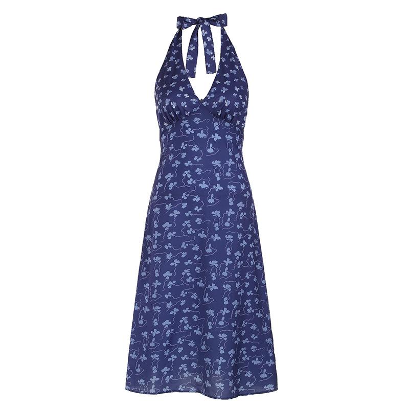Halter v neck print backless midi dress