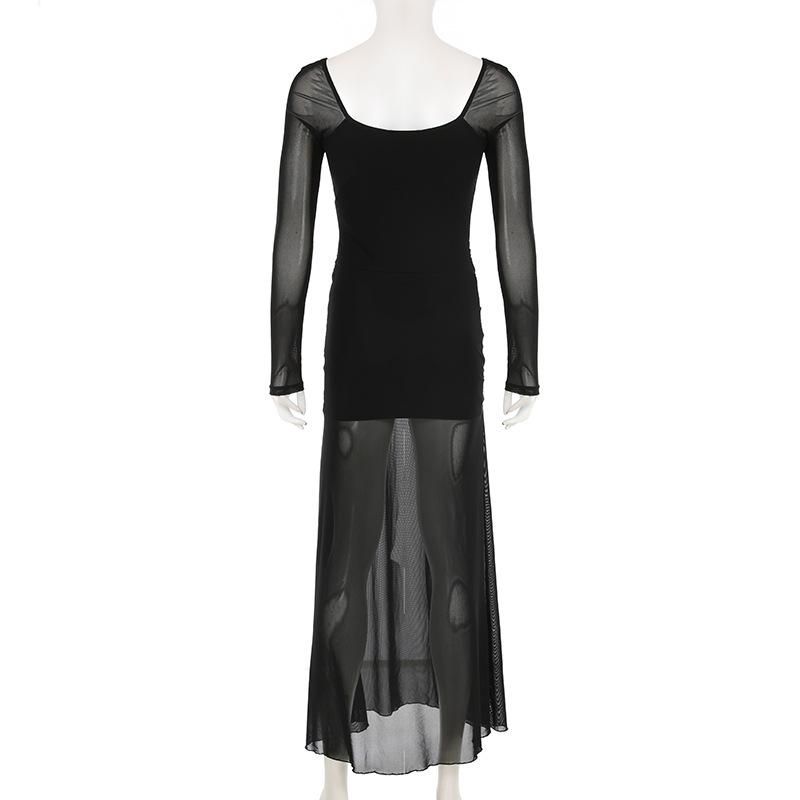 V neck long sleeve slit mesh maxi dress