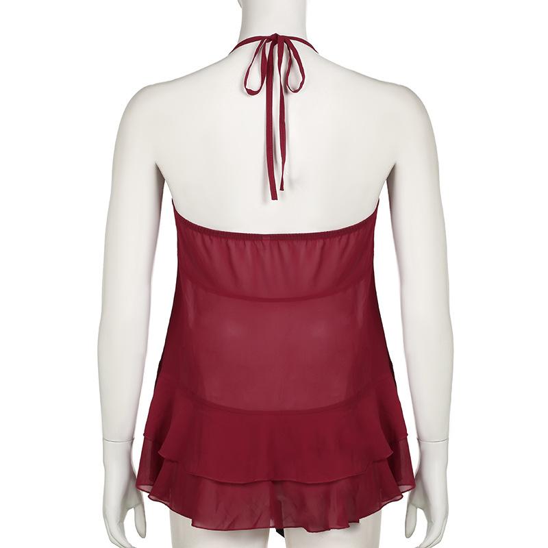 Halter cross applique bowknot mesh ruffle top