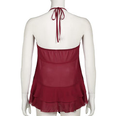 Halter cross applique bowknot mesh ruffle top