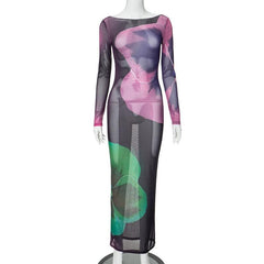 Long sleeve sheer mesh print crewneck maxi dress  | samba dress