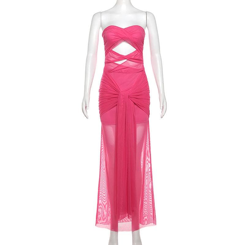 Mesh ruched hollow out see through tube cut out maxi dress  | red tango dress