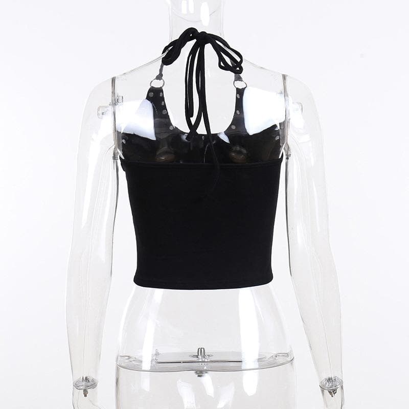 Sleeveless halter abstract self tie backless o ring crop top