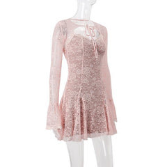 Long flared sleeve lace shrug cami mini dress