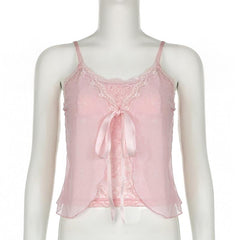 Lace patchwork ruffle ribbon mesh knotted cami top