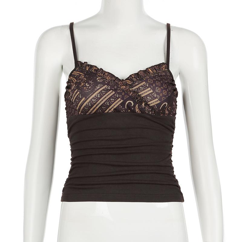 Ruffle v neck print patchwork ruched cami top