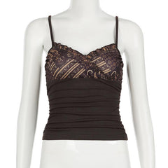 Ruffle v neck print patchwork ruched cami top