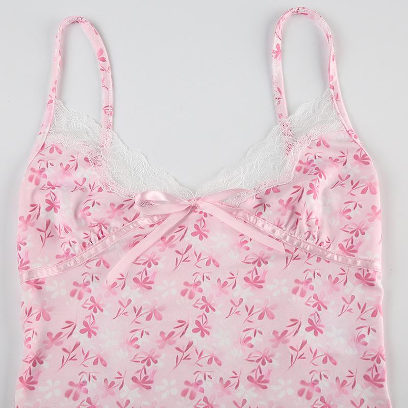 V neck bowknot lace hem ruffle print cami top