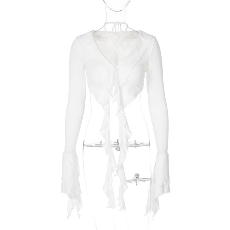 Halter self tie v neck flared sleeve button ruffle crop top