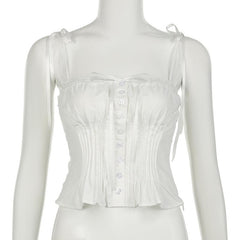 Ruched lace hem button bowknot ribbon cami top