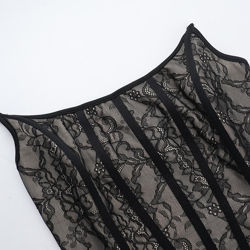 U neck corset lace patchwork tube mini dress