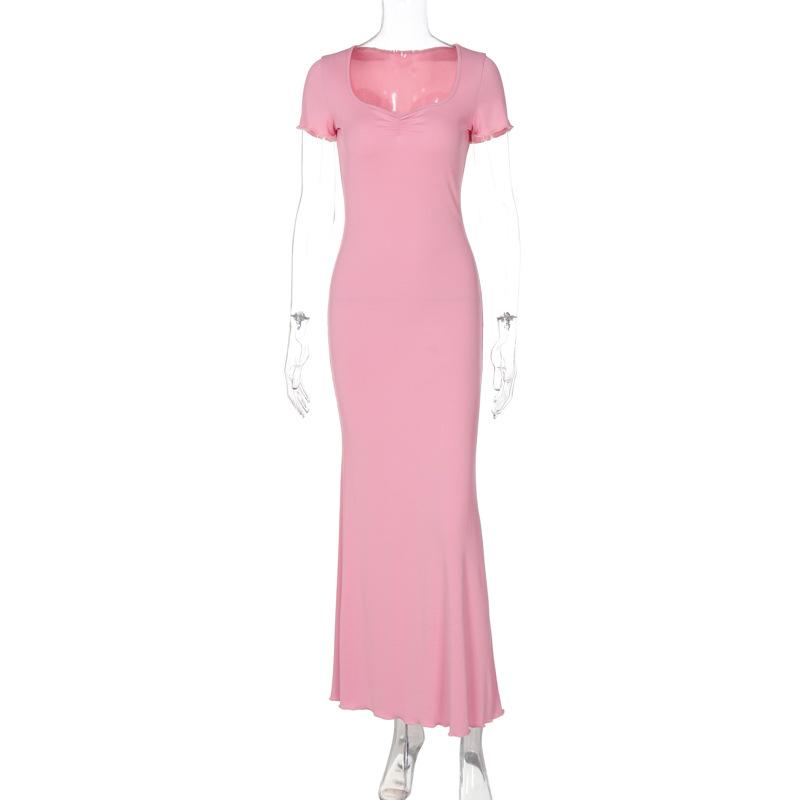 Short sleeve heart neck ruched ribbed solid maxi dress