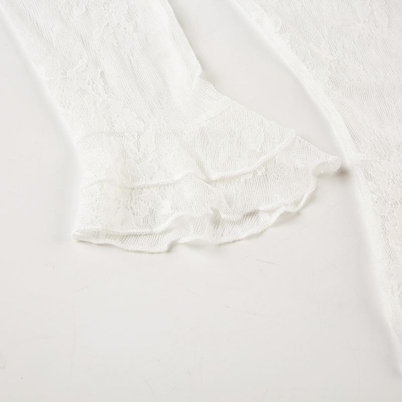 Long sleeve ruffle lace see through top
