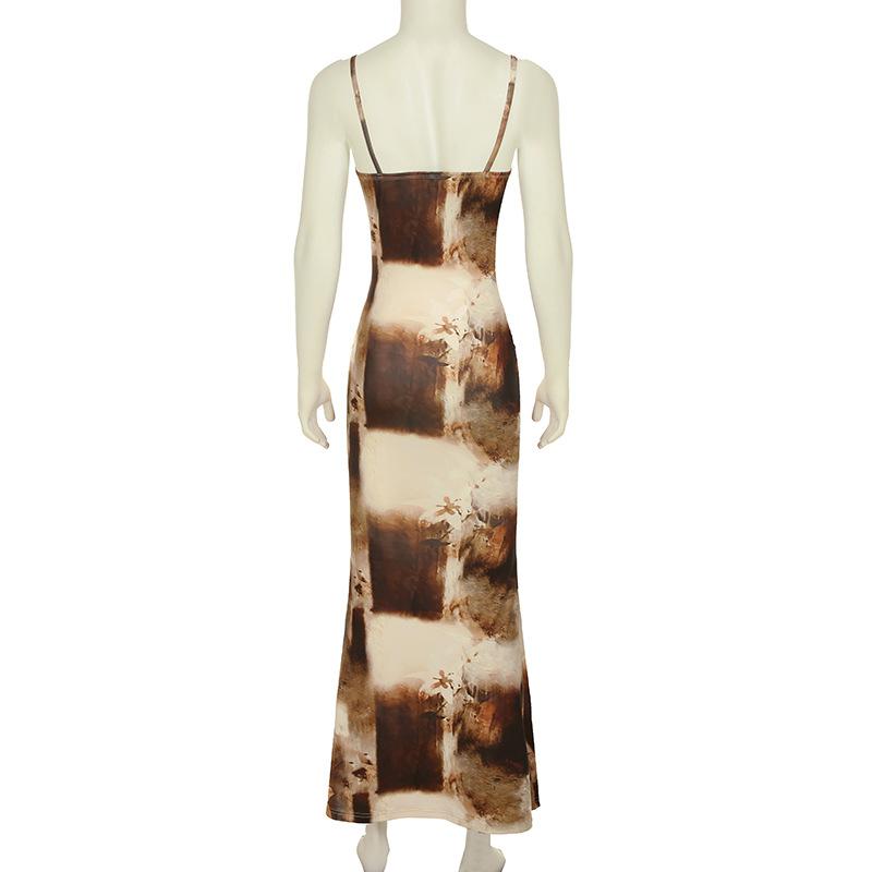 Square neck contrast flower print cami maxi dress