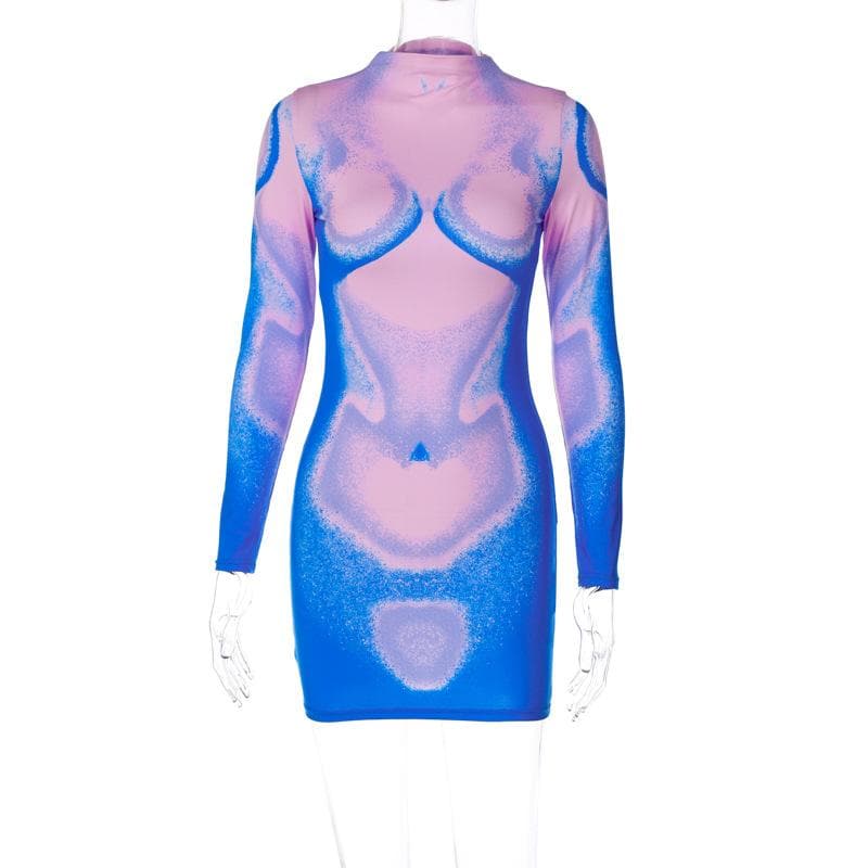 Long sleeve abstract contrast turtle neck mini dress  | red tango dress
