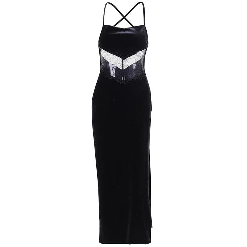 Cowl neck lace hem slit backless velvet cross back midi dress  | black rave dress  | black rave dress