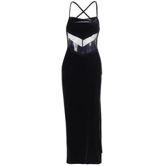 Cowl neck lace hem slit backless velvet cross back midi dress  | black rave dress  | black rave dress