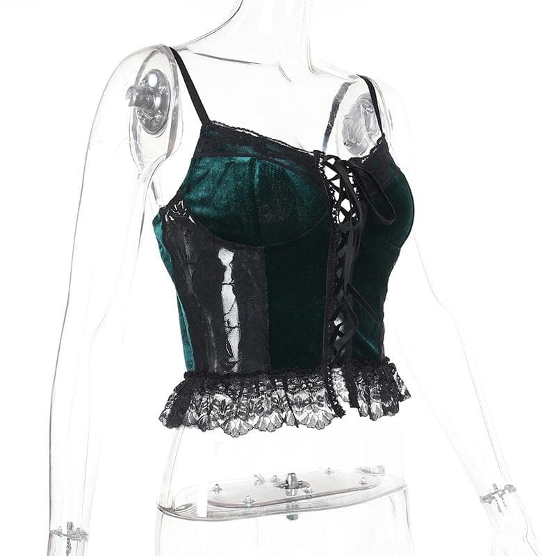 Velvet lace patchwork lace up sweetheart neck cami top