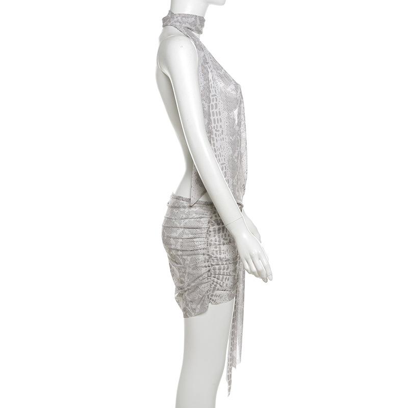 Snakeskin print halter sheer mesh irregular ruched mini dress  | samba dress
