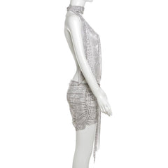 Snakeskin print halter sheer mesh irregular ruched mini dress  | samba dress