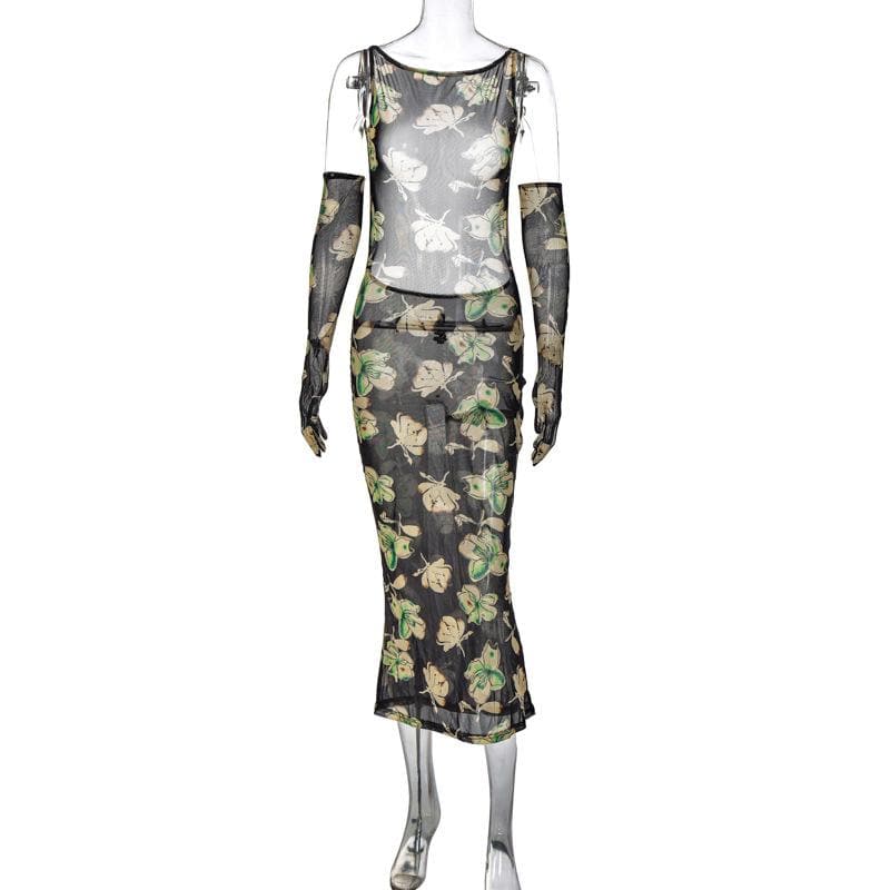 Sheer mesh sleeveless gloves backless flower pattern midi dress  | samba dress