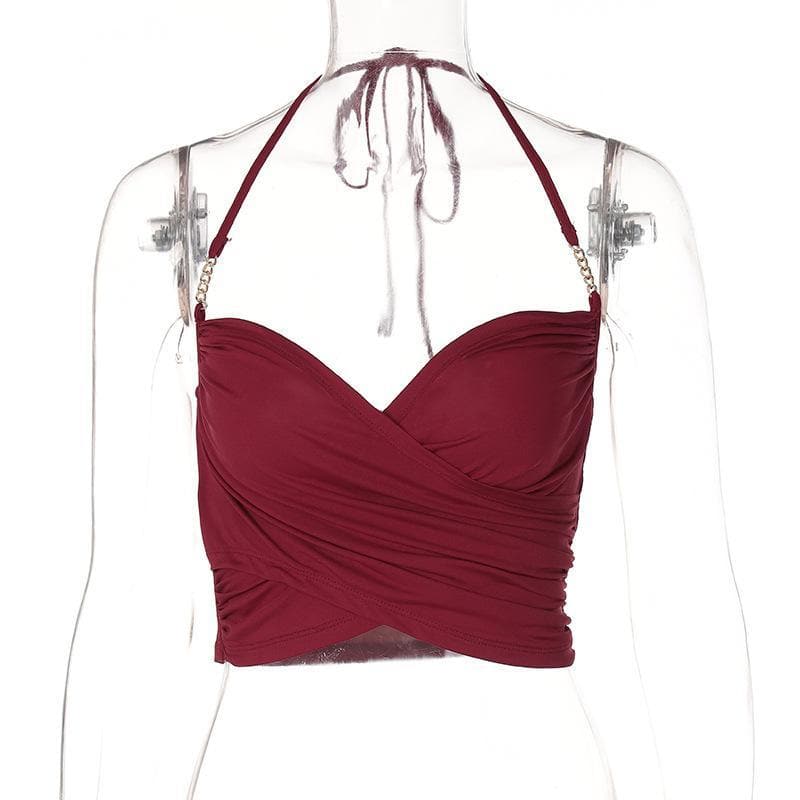 V neck cross front solid crop top